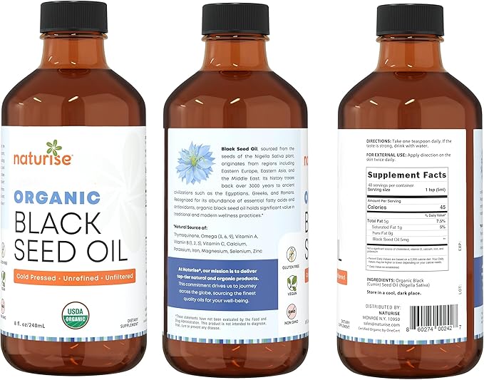 Organic Black Seed Oil (Nigella Sativa, Cumin Seed) Cold Pressed Non-GMO, 8 oz Glass Bottle Source of Essential Fatty Acids, Omega 3 6 9'