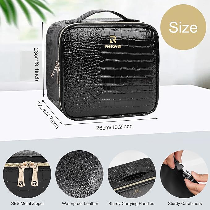 Relavel Makeup Train Case With LED Mirror, Professional Travel Cosmetic Bag with Removable Partitions,Compact Makeup Organizer, Waterproof Toiletry Case for Women, Black