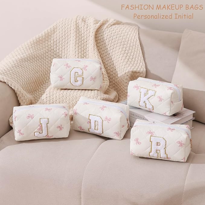 Gleyemor Personalized Initial Makeup Bag for Women, Cute Quilted Pink Floral Cotton Cosmetic Bag, Christmas Gifts for Her Mom Friend Sister Bridesmaid Teacher Women R