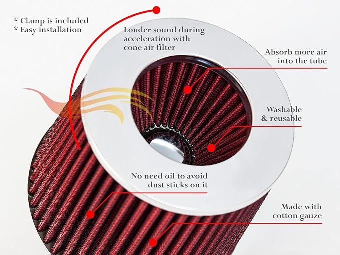 RED 3.5" 89 mm Inlet Narrow Air Cone Replacement Performance Washable Clamp-On - Image 6