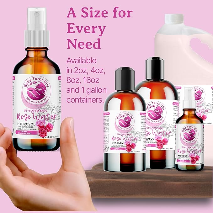 Bella Terra Oils - Organic Rose Water Spray 4oz - Dive into the Elixir of Rose Hydrosol, Gentle on Skin, Luxurious Rosewater Toner Face Experience