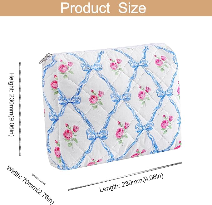 Makeup Bag Travel Cosmetic Bag for Women Girls, Zipper Make Up Pouch, Floral Flowers Toiletry Organizer Makeup, Portable Storage Cosmetic Travel Cloth Bag (L/Blue Bowknot)