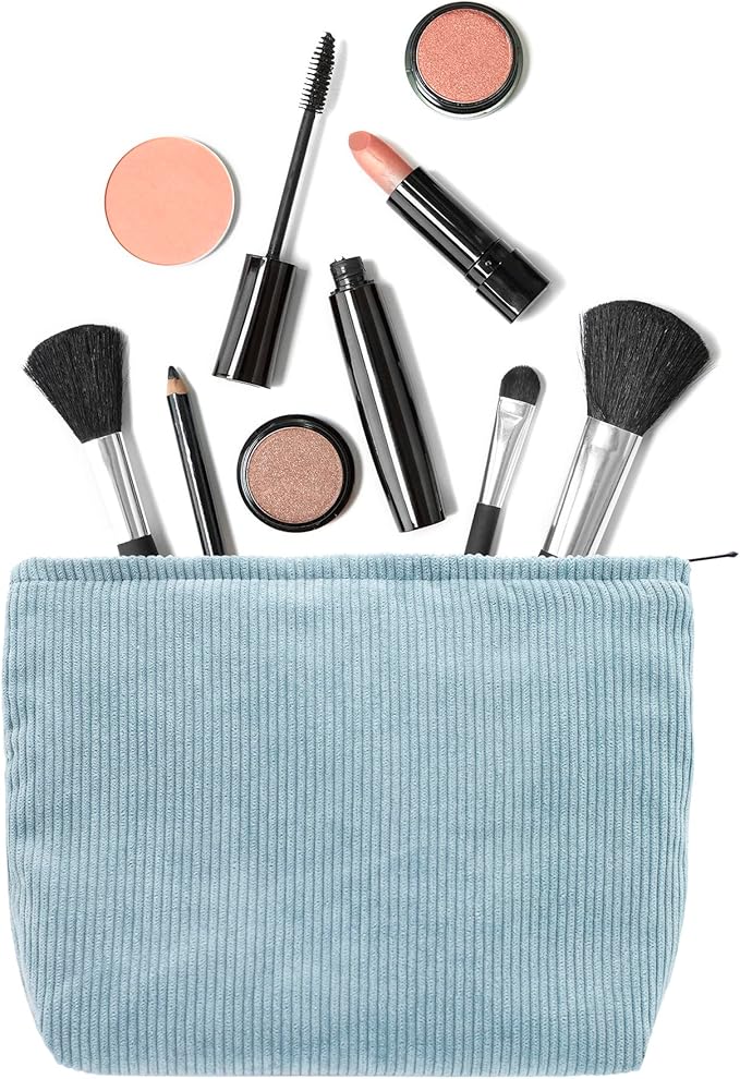 PAZIMIIK Makeup Bag Large Zipper Corduroy Make Up Pouch for Purse Travel Canvas Cosmetic Organizer for Women Brush Storage,Blue