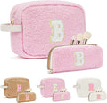 2PCS Makeup Bag with Initials, Christmas Day Gifts for Teen Girls Trendy Stuff, Personalized Cosmetic Travel Bag Pouch for Granddaughter, Cute Plush Make up Bags for Birthday - Pink B