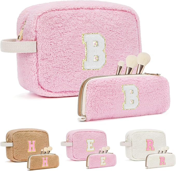 2PCS Makeup Bag with Initials, Christmas Day Gifts for Teen Girls Trendy Stuff, Personalized Cosmetic Travel Bag Pouch for Granddaughter, Cute Plush Make up Bags for Birthday - Pink B