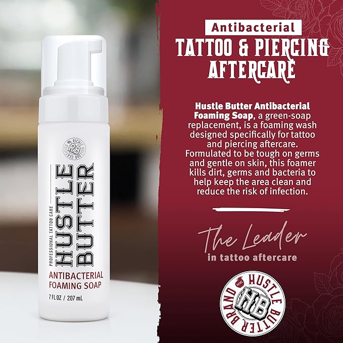 Hustle Butter Tattoo Soap & Aftercare Balm - Antibacterial Soap, Safe To Use While Healing, Vegan, No Petroleum - 5 Ounce Balm & 7 Ounce Tattoo Wash Kit