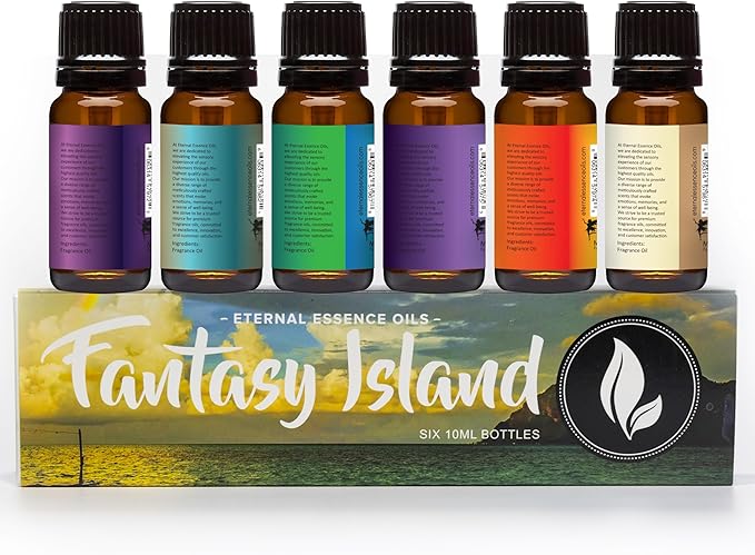 Eternal Essence Oils Fantasy Island Set of 6 Premium Fragrance Oils - Includes Freesia, Dark Amethyst, Blue Sage, End of The Rainbow, White Sand, and Seaside Citrus Scented Oils - 10ML