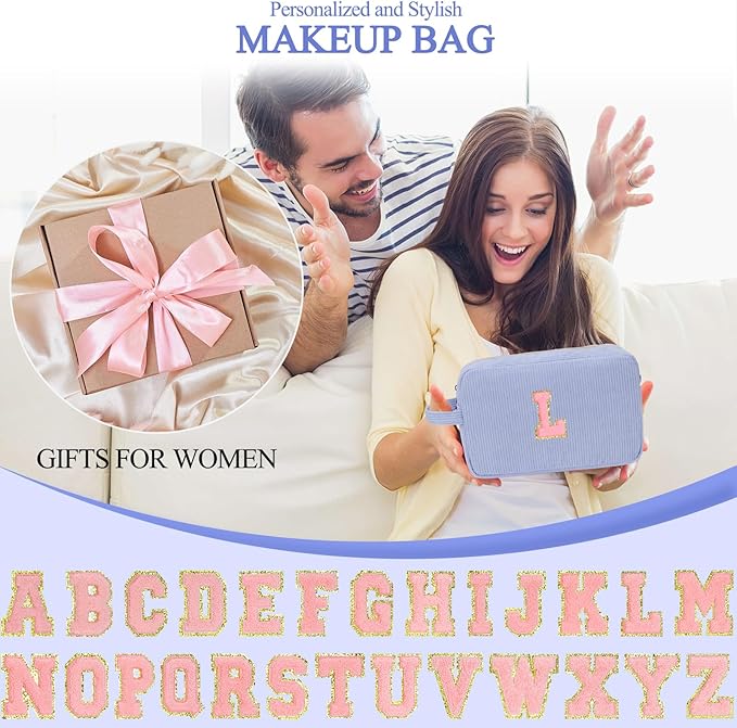 Personalized Initial Makeup Bag Trendy Stuff Corduroy Cosmetic Bag Travel Toiletry Bag, Christmas/Thanksgiving/Halloween Gifts Makeup Organizer Case for Women Girls Mom Girlfriend Wife - Blue