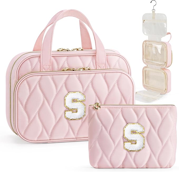 YOOLIFE Hanging Toiletry Bag - Large Capacity Personalized Travel Toiletry Bag for Women, Cruise Ship Essentials - Letter S, Pink