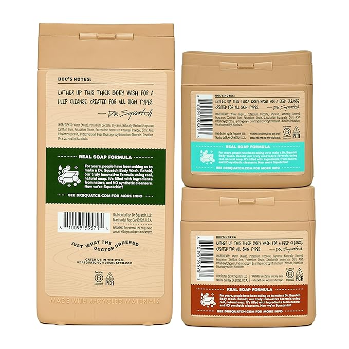 Dr. Squatch NEW Body Wash for Men with Nourishing, Natural Ingredients | No Paraben, Phthalate, Sulfate | Pine Tar (14 oz), Coconut Castaway & Wood Barrel Bourbon (8 oz, 2-Pack) & Body Scrubber