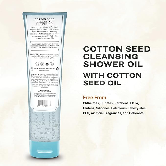 The Grandpa Soap Company Cotton Seed Cleansing Shower Oil - Hydrates Dry Seasonally-Stressed Skin, Nourishing and Moisturizing, With Cotton Seed Oil and Sweet Almond Oil, 9.5 Fl Oz., 2 Pack