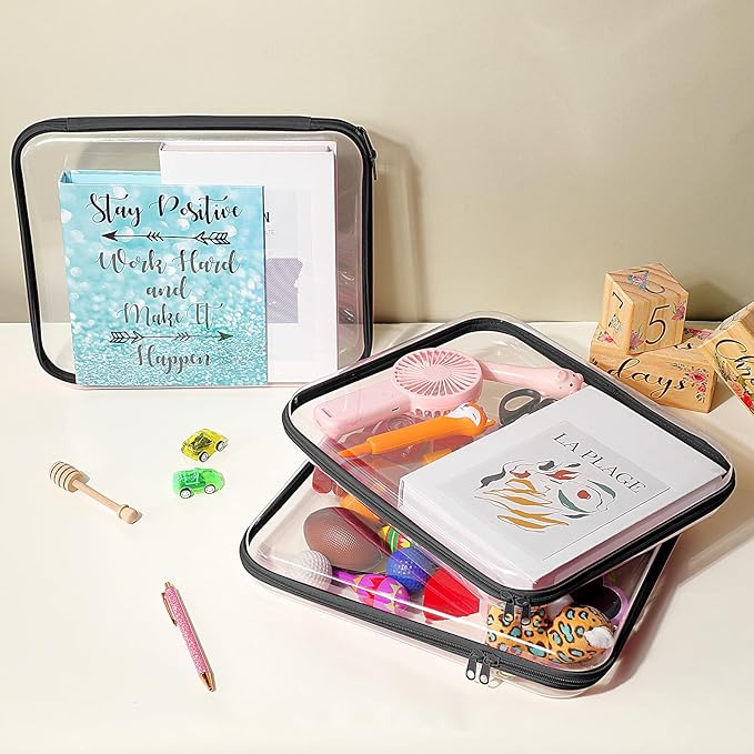 Hoolerry 3 Pcs Clear Hard Zipper Case Plastic Pouch Transparent Hard Case Clear Makeup Bag Portable Travel Organizer Bin for Cosmetics, Building Blocks, Puzzles(Black,L)