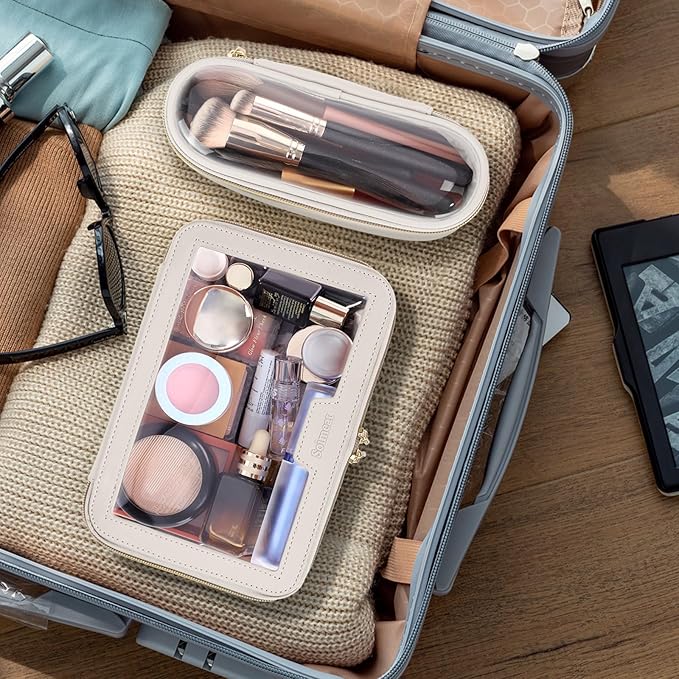 Travel Clear Makeup Bag with Makeup Brush Bag, Leather Makeup Case Toiletry Bag, Portable Cosmetic Bag Case, Transparent Waterproof Cosmetic Organizer Storage Bag for Women, Medium, Off-White