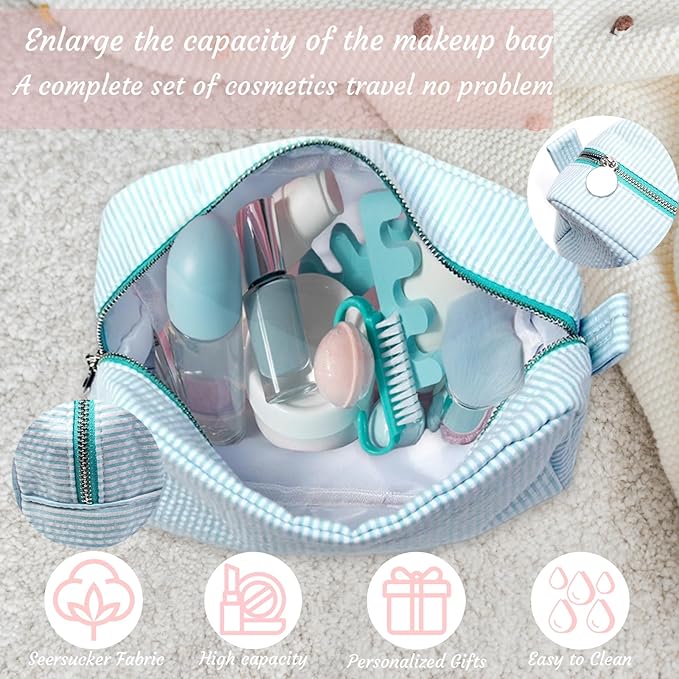 Custom Makeup Bag Personalized Cosmetic Bag Cute Seersucker Travel Toiletry Bag for Women Embroidered Bag Organizer for Bride Makeup Bag Gift Green