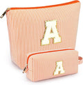2 PCS Initial Makeup Bags for Women: Cosmetic Bag for Travel Toiletry - Birthday Gifts for 11 12 13 14 15 16 17 18 Years Old Girl Graduation Teacher Gift- Teen Girl Gifts Trendy Stuff - Orange A