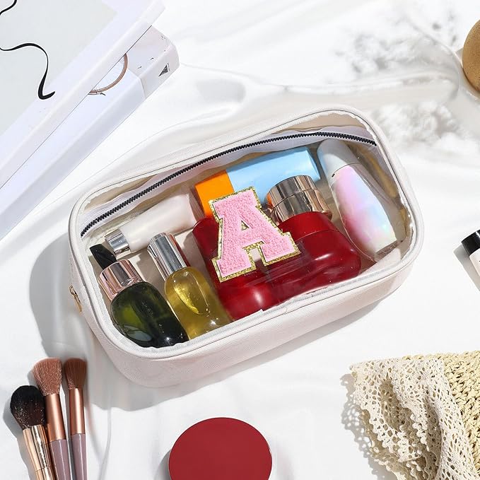 YOOLIFE Initial Make Up Bag Travel Toiletry Bag, Clear Makeup Bag Preppy Cosmetic Bag Clear Makeup Bags With Zipper Girlfriend Teacher 8 Year Old Girl Gifts Daughter Gifts Swim Gifts For Girls White S