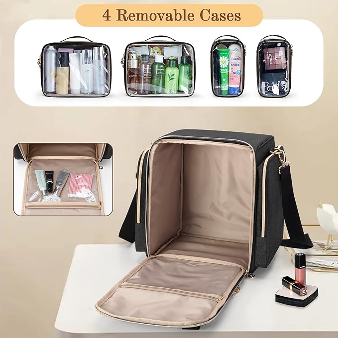 LUXJA Travel Makeup Bag with 4 Inner Removable Cases, Large Cosmetic Bag with Multiple Storage Sections (Patent Design, Bag Only), Black