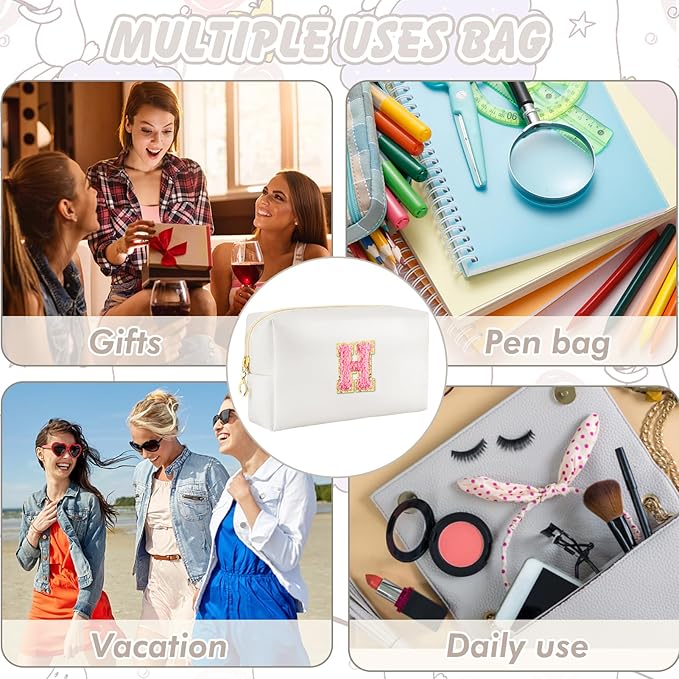 Initial Makeup Bag Personalized Preppy Travel Small Cosmetic Bag Cute PU White Chenille Letter Makeup Pouch for Purse Waterproof Zippered Toiletry Organizer for Women Girls Kids Friends (H)