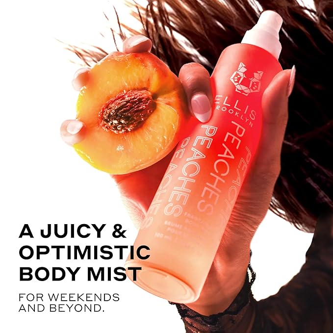 Ellis Brooklyn PEACHES Hair And Body Fragrance Mist - Fruity Floral Perfume Mist For Women with Sweet Peach, Rosebud, & Sandalwood, Vegan Perfume Made In The USA, 100ml 3.38 Fl Oz