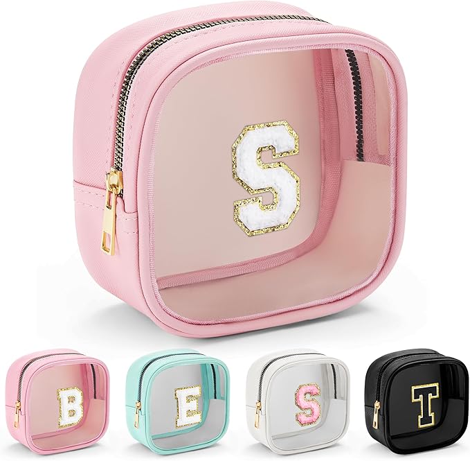 YOOLIFE Mini Initial Makeup Bag | Travel Toiletry Bag | Clear Makeup Bag | Travel Essentials Gifts for Women Teen Girlfriend Teacher Birthday Gifts Clear Toiletry Bag Small Mini Cosmetic Bag Pink S