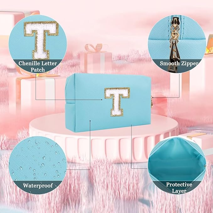 Small Personalized Letter Makeup Bag, Cute PU Leather Chenille Letters Cosmetic Bag Travel Makeup Pouch, Preppy Travel Organizer Zipper Pouch for Women&Girls（Blue-T）