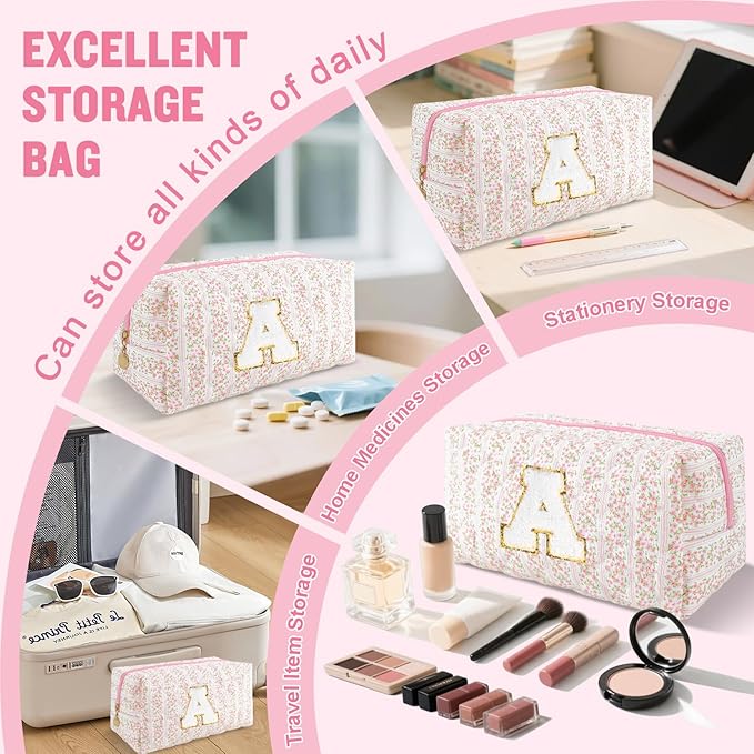 Personalized Quilted Cosmetic Bag, Puffy Monogrammed Christmas Birthday Gifts for Women & Girls, Cute initial Floral Makeup Bag Puffer Coquette Bag, Aesthetic Travel Toiletry Zipper Pouch(Pink,A)