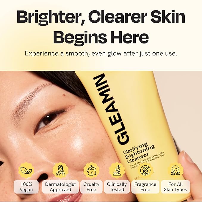 Gleamin Vitamin C Face Wash & Facial Cleanser - Cream to Foam 2% Salicylic Acid Cleanser with Paw Paw & Turmeric - Gentle Exfoliating Facewash for Women & Men, Oily & Combination Skin, 3.4 fl oz