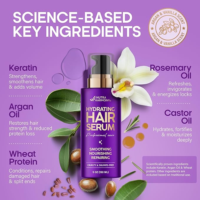 NUTRAHARMONY Hydrating Hair Serum – Keratin Hair Treatment for Dry, Frizzy, Damaged Hair – Biotin, Castor & Rosemary Oils – Anti‑Frizz, Heat Protectant & Split Ends Repair for Smooth, Shiny Hair, 5oz