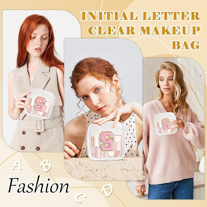 Personalized Initial Letter Clear Preppy Makeup Bag,Mini Nylon Chenille Letter Cosmetic Bag Cute Zipper Pouch Purse for Teen Girls,Portable TSA Approved Beach Travel Essentials Bag Gift for Women,S