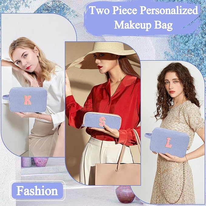 Personalized Initial Makeup Bag Trendy Stuff Corduroy Cosmetic Bag Travel Toiletry Bag, Christmas/Thanksgiving/Halloween Gifts Makeup Organizer Case for Women Girls Mom Girlfriend Wife - Blue
