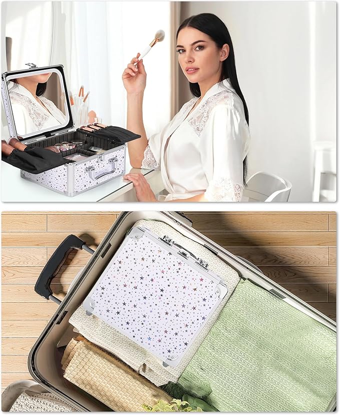 Relavel Makeup Bag with LED Mirror, Makeup Box Travel Train Case with Rechargeable Lighted Mirror, Cosmetic Brush Organizer Storage for Makeup Artists Gifts for Women and Girls, Shining Star