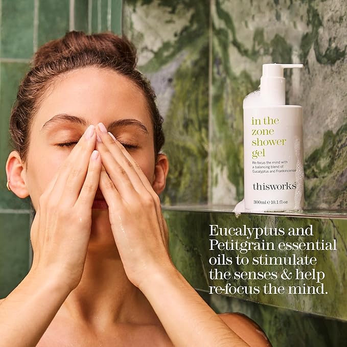 THISWORKS In The Zone Shower Gel | Refreshing Body Wash with Eucalyptus & Frankincense | Cleanses, Soothes, and Revitalizes Skin | Aromatherapeutic Formula, 10.1 oz / 300ml
