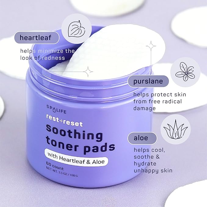 SpaLife Beauty Rest & Reset Toner Pads – for Uneven Skin Tone, Redness, Clogged Pores, Dehydrated Skin with Aloe, Heartleaf, & Purslane – Toner Pad for Face, Pre-Soaked Pads