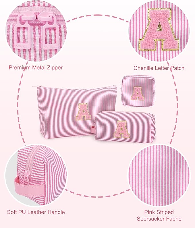 MONSTINA Mom Gifts for Mom, Personalized Initial Makeup Bag Cosmetic Bags for Women Cute|Makeup Pouch Birthday Gifts for Mother,Birthday Gift for Her Cute Toiletry Bag,3PCS Pink M