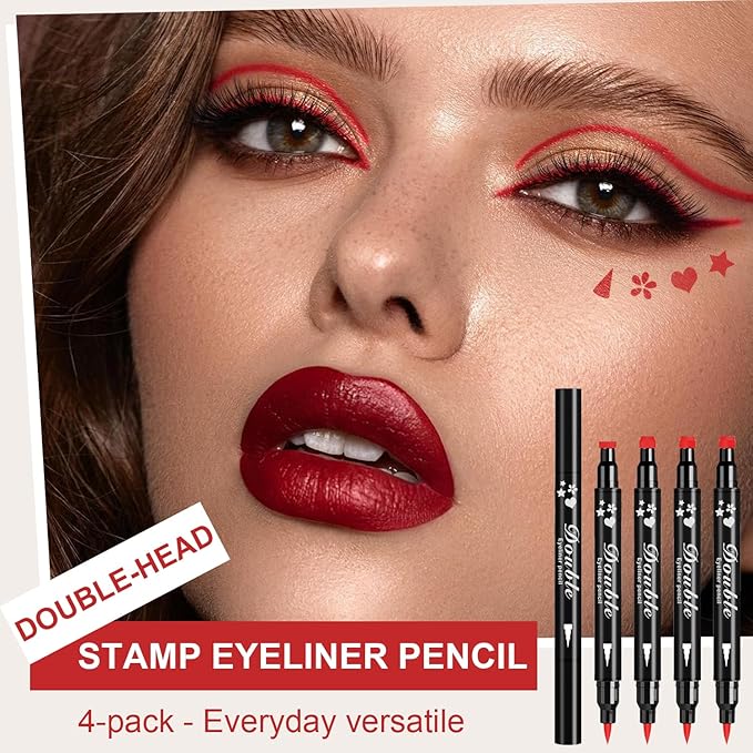 4PCS Red Eyeliner Pen Set, Eyeliner Stamp, Double-headed Red Liquid Eye liner Pencil for Women Eye&Lip Liner Professional Waterproof Halloween Makeup, Star,Triangle,Flower,Heart