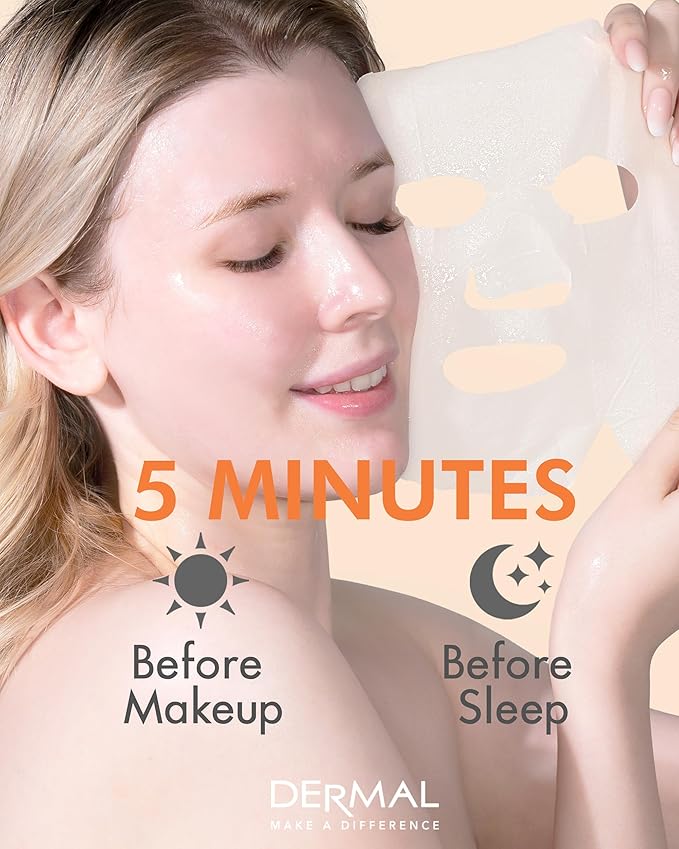 DERMAL Apricot Collagen Essence Korean Facial Mask Sheet Pack of 10 - Nourishing, Revitalizing Complexion, Skin Glow - Hypoallergenic Skin Friendly Sheet