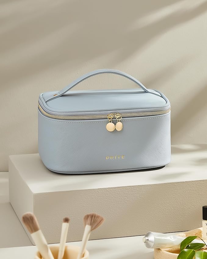 Prite Makeup Bag Portable Cosmetic Organizer with Brush Holder Waterproof Travel Toiletry Bag for Women with Handle and Divider (Blue)
