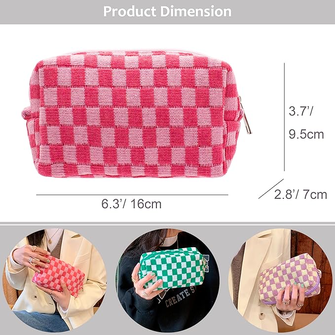 PAZIMIIK Checkered Makeup Bag for Purse Portable Zipper Make Up Pouch Small Cosmetic Case for Travel Accessories (2PCS Hotpink Light Green)