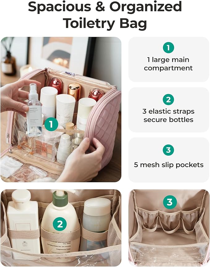 BAGSMART Travel Toiletry Bag, Large Capacity Cosmetic Bags for Women with Hanging Hook, Water-resistant for Toiletries Accessories Brushes Sponge, With Handle