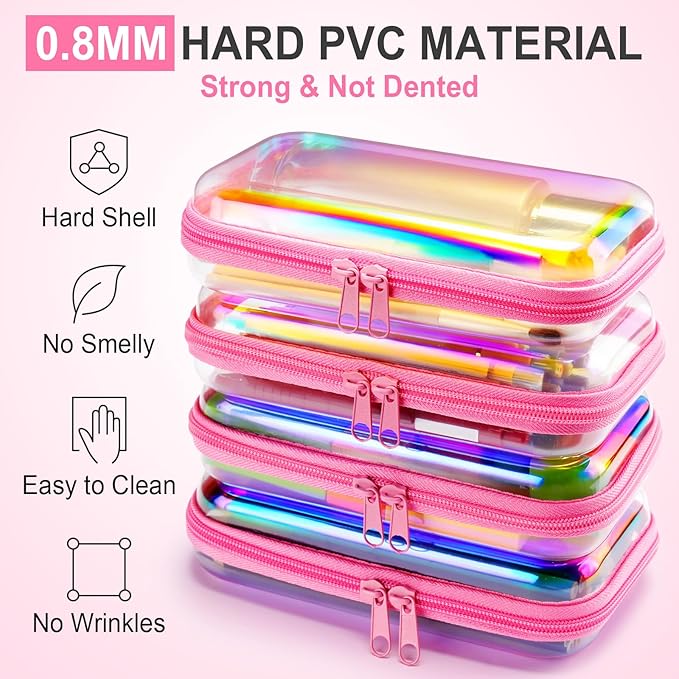 Hoolerry 4 Pcs Hard Clear Zipper Case Makeup Bags Plastic Pencil Pouch Transparent Storage Box Containers for Cosmetics, Snacks, Building Blocks, Puzzles(Pink Laser,7.5 x 3.9 x 2 in)
