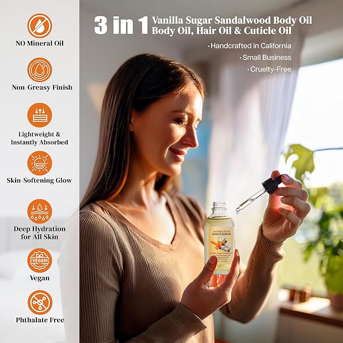 Vanilla Sugar Sandalwood Body & Hair Oil – Inspired Warm Gourmand Scent – Hydrating & Nourishing Oil for Skin, Hair & Cuticles – Lightweight, Fast-Absorbing, 4 fl oz