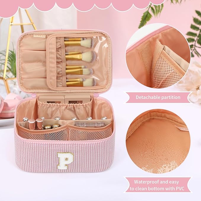 OCHEAL Makeup Bag for Women, Monogram Cosmetic Bag with Brush Holder, Pink Travel Makeup Case Beauty Toiletry Bag Organizer Personalized Gifts for Girls Bridesmaid, Sister, Wife, Friends Initial P