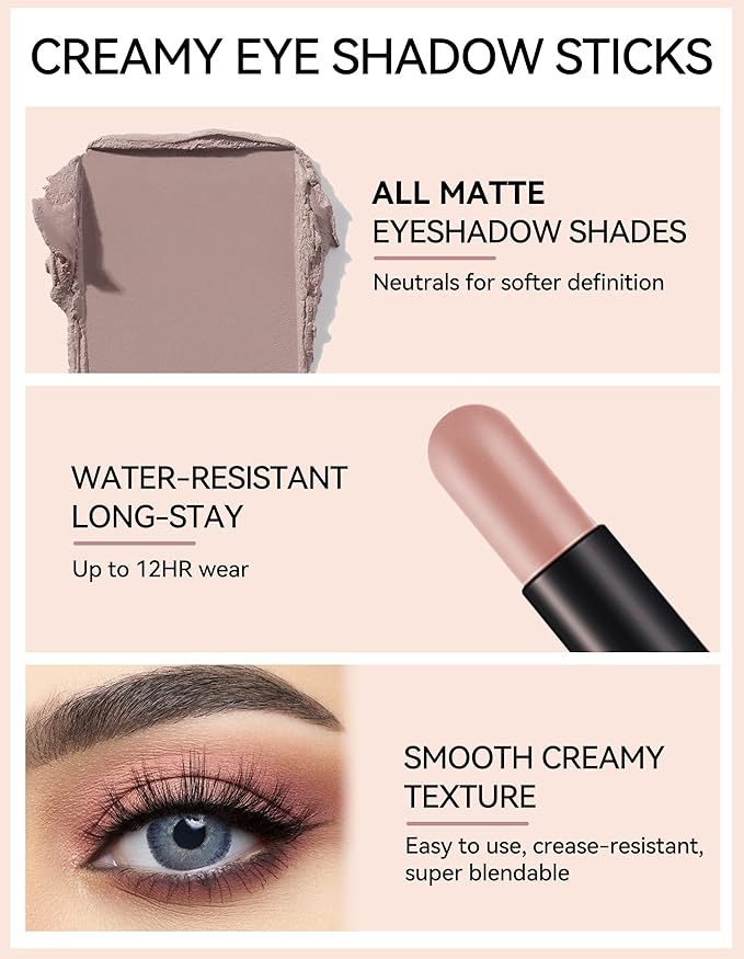 Erinde Waterproof Cream Eyeshadow Stick, Matte Nude Eye Shadow Sticks, Longwear Blendable High Pigmented, Neutral Eye Shadow Sticks Matte for Older Eyes, Smokey Eyeshadow Pencil Crayon, 17 Mauve