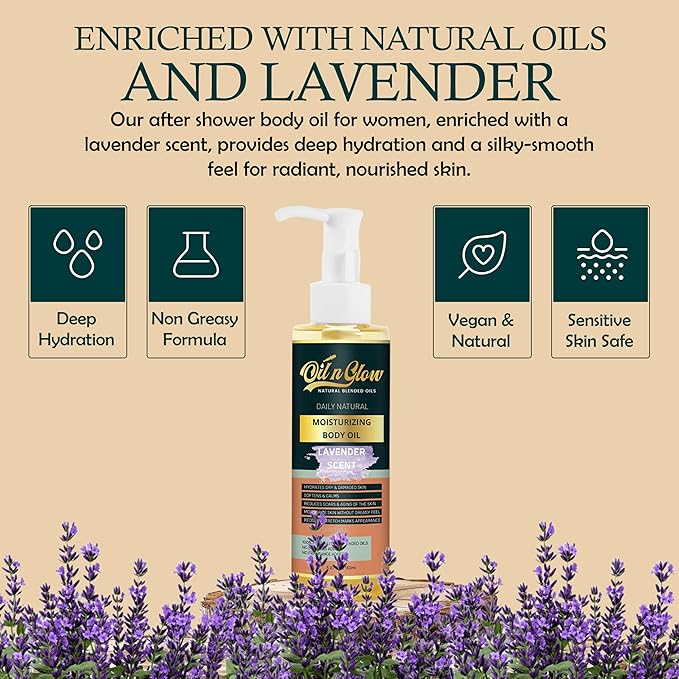 100% Almond Oil USDA Certified Organic Hydrating Body Oil After Shower Non-Greasy Moisturizing Oil For Women & Men Dry Skin 5.07 fl oz/150ml- Lavender Scent