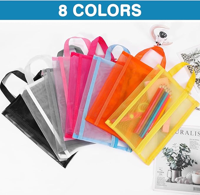 6 Pack Mesh Zipper Pouch Bags, Double Layer Nylon Pouch with Handle for Office Travel Organization (White, A4)