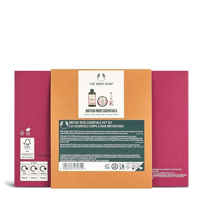 The Body Shop British Rose Essentials Gift Set- 3 Piece Set, Includes Body Yogurt, Hand Cream, Shower Gel, Vegan