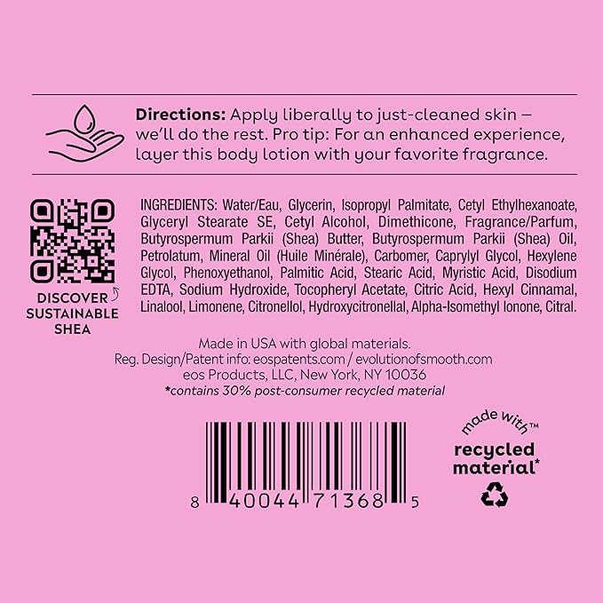 eos Shea Better Body Lotion Pomegranate Raspberry, 24-Hour Moisture Skin Care, Lightweight & Non-Greasy, Natural Shea, Vegan, 16 fl oz