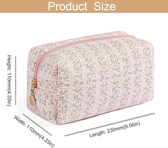 Makeup Bag Travel Cosmetic Bag for Women Girls, Zipper Make Up Pouch, Floral Flowers Toiletry Organizer Makeup, Portable Storage Cosmetic Travel Cloth Bag (Pink+Pink Bow Tie)