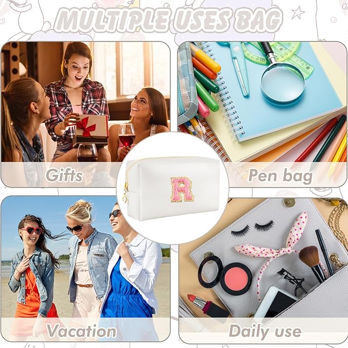 Initial Makeup Bag Personalized Preppy Travel Small Cosmetic Bag Cute PU White Chenille Letter Makeup Pouch for Purse Waterproof Zippered Toiletry Organizer for Women Girls Kids Friends (R)