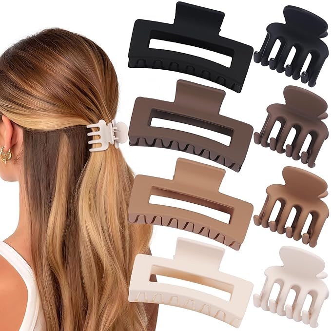 Medium Hair Clips for Women 8 Pcs Small Claw Clips for Thin and Thick Hair 2 Styles Hair Claw Clips Combination Rectangle Banana Jaw Hair Accessories for Women and Girls (Brown)